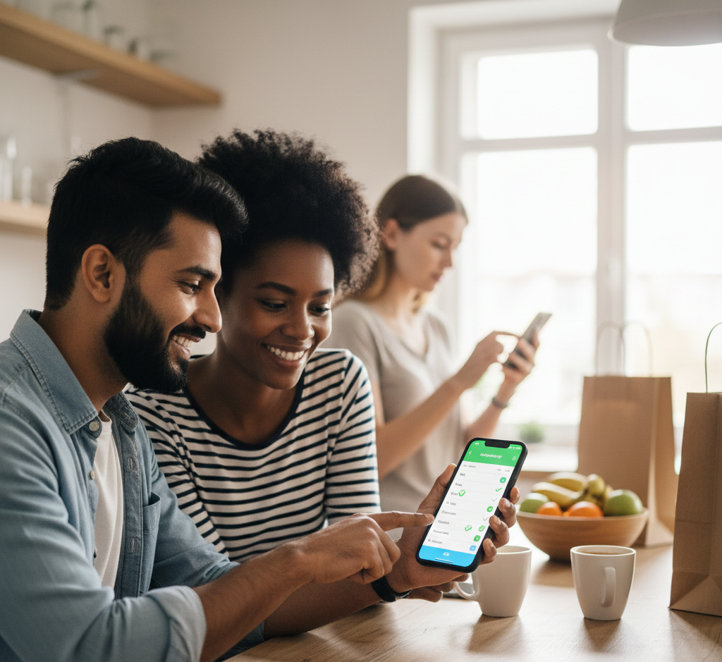 Symbole, die zwei Personen darstellen, die gemeinsam an einer digitalen Liste arbeiten