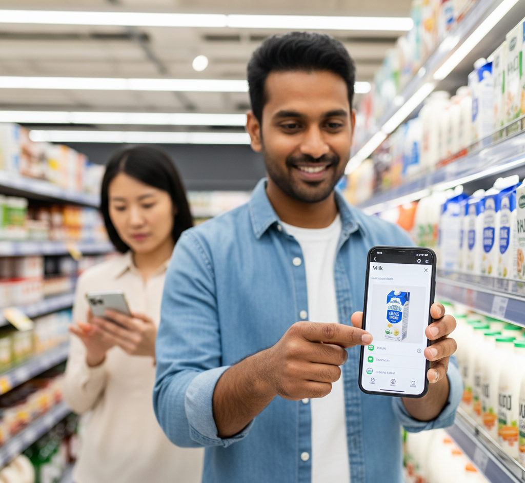 Smartphone-Bildschirm zeigt die Funktion zum Hochladen eines Fotos für einen Artikel in der Einkaufsliste