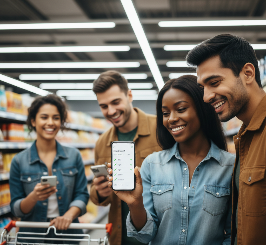 Mehrere Personen, die gemeinsam eine Einkaufsliste auf ihren Smartphones verwalten